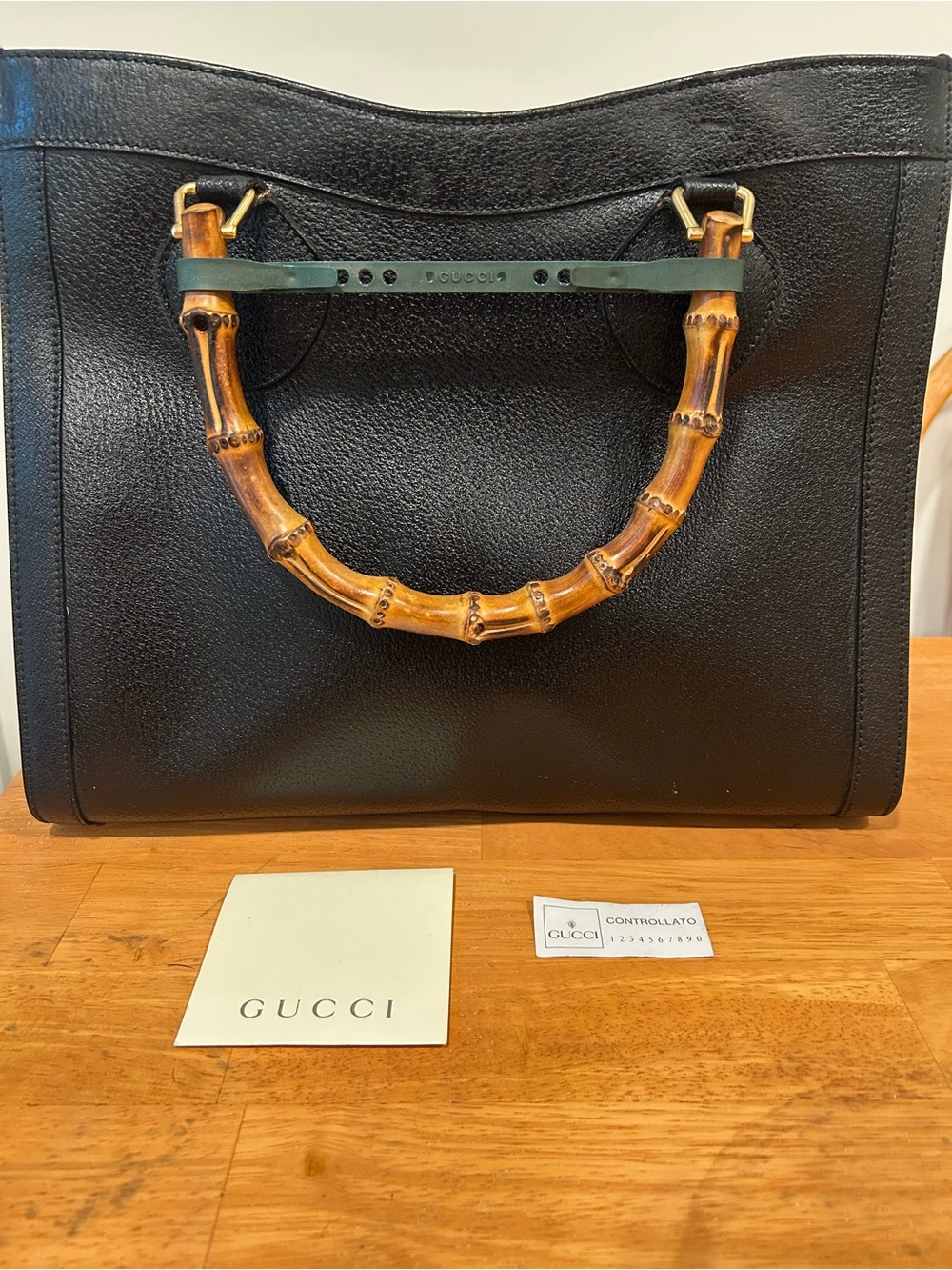Authentic Vintage Gucci Bamboo Black Leather Diana Tote